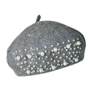 NEW Beret Hat Gray Wool Felt Beaded Embellished Rhinestones Pearls Coquette 90s